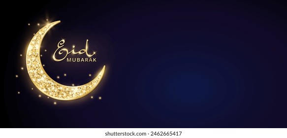 Golden shiny glitter crescent with Eid calligraphy in arabic style. Night sky background. Traditional islamic decoration. Muslim holidays, Ramadan or Al-adha celebration banner. Vector.