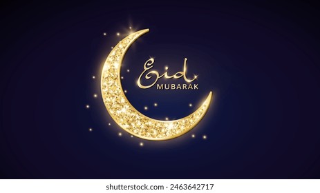 Golden shiny glitter crescent with Eid calligraphy in arabic style. Night sky background. Traditional islamic decoration. Muslim holidays, Ramadan or Al-adha celebration banner. Vector.