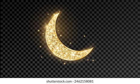 Media luna dorada brillante. Símbolo de media luna. Fondo del cielo nocturno. Decoración islámica tradicional. Elementos de diseño de Ramadán o Al-adha. El fondo transparente se puede eliminar en el archivo de Vector.