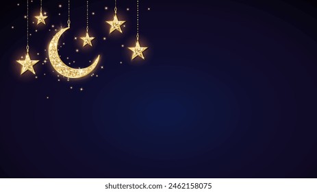 Golden shiny glitter crescent with stars. Night sky background. Half moon symbol. Traditional islamic decoration. Muslim holidays, Ramadan or Al-adha celebration banner. Vector.