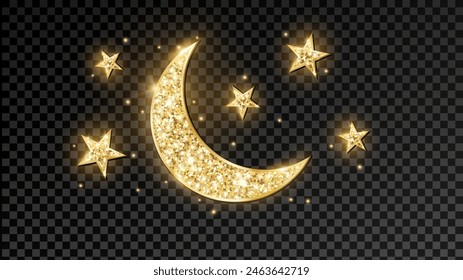 Golden shiny glitter crescent with stars. Half moon symbol. Night sky background. Traditional islamic decoration. Ramadan or Al-adha design. Transparent background can be removed in vector file.