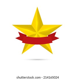 Golden shiny, glossy star with red ribbon. 
