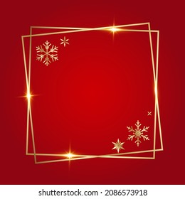 Golden shiny glowing blank Christmas square frame with snowflakes. Gold metal festive border over red background. Winter holidays template with copy space.