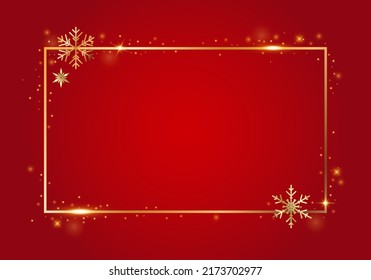 Golden shiny glowing blank Christmas rectangle frame with snowflakes. Gold metal festive border over red background. Winter holidays template with copy space.