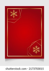 Golden shiny glowing blank Christmas polygonal frame with snowflakes. Gold metal festive border over red background. Winter holidays template with copy space.