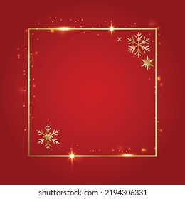 Golden shiny glowing blank Christmas square frame with snowflakes. Gold metal festive border over red background. Winter holidays template with copy space.
