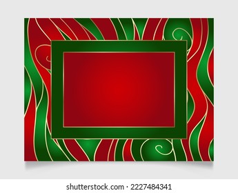 Golden shiny glowing blank Christmas rectangle frame. Gold metal waves festive border with traditional red and green. Winter holidays vector background with copy space.