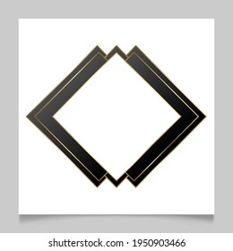 Golden shiny glowing blank frame over white background. Gold metal luxury rhombus border. Vector background illustration template.