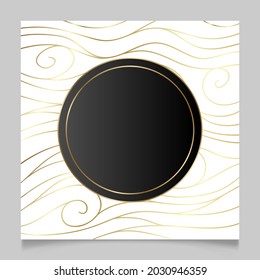 Golden Shiny Glowing Blank Frame Over Wavy White Background. Gold Metal Luxury Blank Round Border. Vector Background Illustration Template.