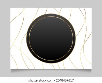Golden shiny glowing blank frame over wavy white background. Gold metal luxury blank round border. Vector background illustration template.