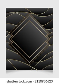 Golden shiny glowing blank frame over wavy black background. Gold metal luxury blank rectangle border. Vector background illustration template.