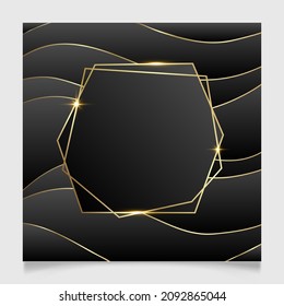 Golden shiny glowing blank polygonal frame over wavy black background. Gold metal luxury blank rectangle border. Vector background illustration template.