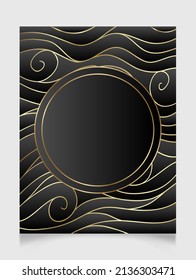Marco redondo brillante dorado sobre fondo negro ondulado. Borde rectangular de lujo de metal dorado. Plantilla de ilustración de fondo del vector.