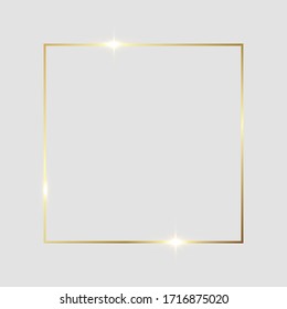 Golden Shiny Glowing Frame Isolated Over Light Gray Background. Gold Metal Luxury Blank Square Border. Vector Background Illustration Template.