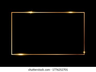 Golden shiny glowing frame isolated over black background. Gold metal luxury blank rectangle border. Vector background illustration template.