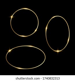 Golden shiny glowing frames set isolated over black background. Gold metal luxury blank borders. Vector background illustration template.