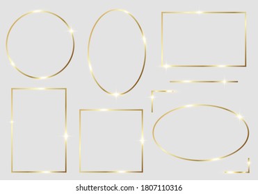 Golden shiny glowing frames set isolated over white background. Gold metal luxury blank rectangle borders. Vector background illustration template.
