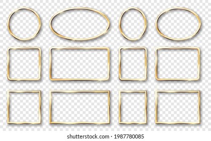 Golden shiny glowing frames set with shadows. Gold glossy luxury realistic square, round, oval borders collection. 3d vector illustration