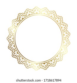 Golden Shiny Glowing Ornate Round Frame Isolated Over White. Gold Metal Luxury Elegant Blank Border. Vector Background Illustration Template.