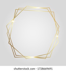 Golden shiny glowing polygonal frame isolated over light gray background. Gold metal luxury blank border. Vector background illustration template.