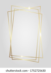 Golden shiny glowing polygonal frame isolated over light gray background. Gold metal luxury blank rectangle border. Vector background illustration template.