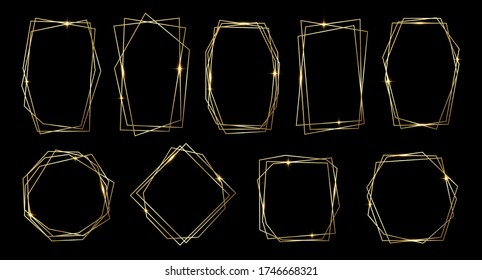 Golden shiny glowing polygonal frames set isolated over black background. Gold metal luxury blank rectangle border. Vector background illustration template.