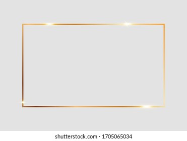 Golden Shiny Glowing Rectangle Frame Isolated Over Light Gray Background. Gold Metal Luxury Blank Rectangle Border. Vector Background Illustration Template.