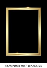 Golden shiny glowing rectangle frame isolated over black background. Gold metal luxury blank rectangle border. Vector background illustration template.
