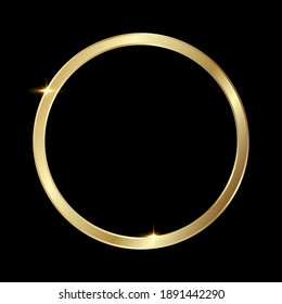 Golden Shiny Glowing Round Frame Isolated Over Black Background. Gold Metal Luxury Blank Circle Border. Vector Background Illustration Template.