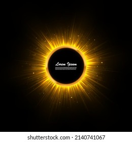 Golden shiny glowing round frame on black background.  Geometric backdrop with glittering particles and golden beams. Holiday banner design