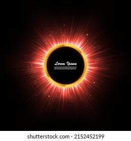 Golden shiny glowing round frame on black background. Geometric backdrop with glittering particles and red beams. Holiday banner design.