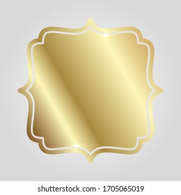 Golden shiny glowing vintage elegant frame isolated over light gray background. Gold metal luxury blank border. Vector background illustration template.