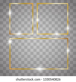 
Golden shiny glowing vintage frame with shadows. Gold windows, frames, squares. Golden luxury realistic rectangle border. Vector illustration EPS10