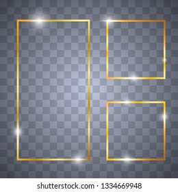 Golden shiny glowing vintage frame with shadows. Gold windows, frames, squares. Golden luxury realistic rectangle border. Vector illustration EPS10