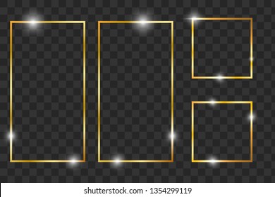 Golden shiny glowing vintage frame with shadows. Gold windows, frames, squares. Golden luxury realistic rectangle border. Vector illustration EPS10 