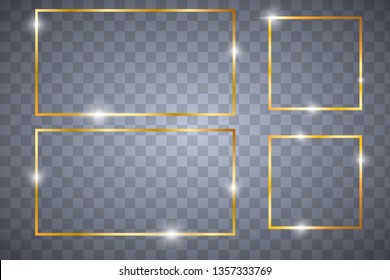 Golden shiny glowing vintage frame with shadows. Gold windows, frames, squares. Golden luxury realistic rectangle border. Vector illustration EPS10 