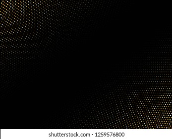 Golden shiny halftone effect pattern. Gold glitter dots texture. Dots pop art background. Yellow brown dots on black Background. Random color gradient vector, gold ornament. Abstract design element