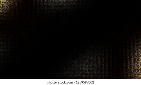 Golden shiny halftone effect pattern. Gold glitter dots texture. Dots pop art background. Yellow brown dots on black Background. Random color gradient vector, gold ornament. Abstract design element