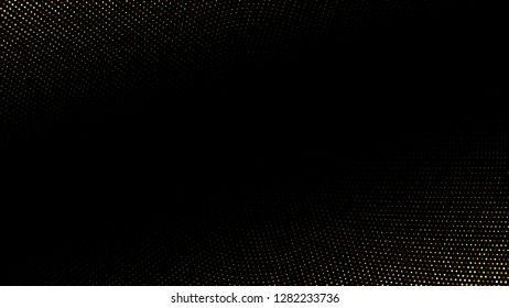 Golden shiny halftone effect pattern. Gold glitter dots texture. Dots pop art background. Yellow brown dots on black Background. Random color gradient vector, gold ornament. Abstract design element