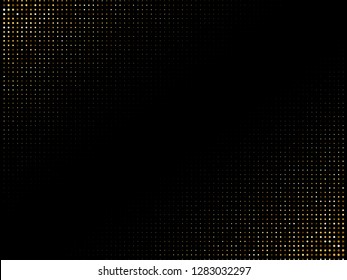 Golden shiny halftone effect pattern. Gold glitter dots texture. Dots pop art background. Yellow brown dots on black Background. Random color gradient vector, gold ornament. Abstract design element