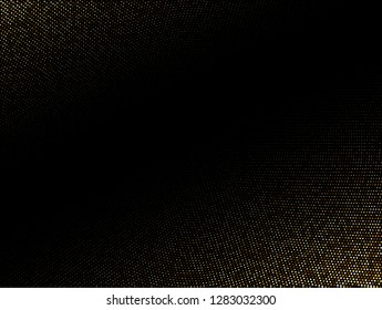 Golden shiny halftone effect pattern. Gold glitter dots texture. Dots pop art background. Yellow brown dots on black Background. Random color gradient vector, gold ornament. Abstract design element