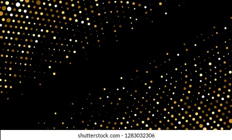 Golden shiny halftone effect pattern. Gold round glitter dots texture. Dots pop art background. Yellow dots on black Background. Random color gradient vector, gold ornament. Abstract design element