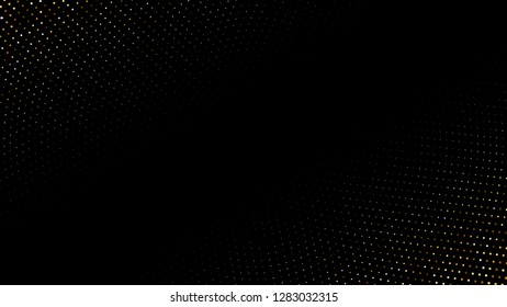 Golden shiny halftone effect pattern. Gold glitter dots texture. Dots pop art background. Yellow brown dots on black Background. Random color gradient vector, gold ornament. Abstract design element