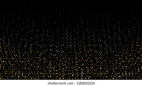 Golden shiny halftone effect pattern. Gold round glitter dots texture. Dots pop art background. Yellow dots on black Background. Random color gradient vector, gold ornament. Abstract design element