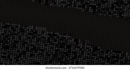 Golden shiny halftone effect pattern. Gold round glitter dots texture. Dots pop art background. Yellow dots on black Background. Random color gradient vector, gold ornament. Abstract design element