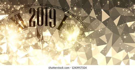 Pancarta de mosaico Golden brillante Happy New Year 2019 con reloj y luces borrosos. Fondo abstracto vectorial.
