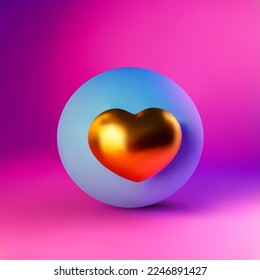 Golden shiny heart on light blue medallion circle badge on purple background for Valentine day or Love message. 3d high quality vector can be used for banner, poster and invitation wedding