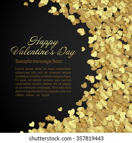 Golden shiny hearts confetti Valentine's day or Wedding Greeting Card vector background. Good for Valentines day invitation, Valentine card, Valentines day background.