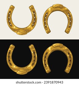 Golden shiny horseshoe in vintage style. Talisman, amulet, symbol of good luck, wealth, success.