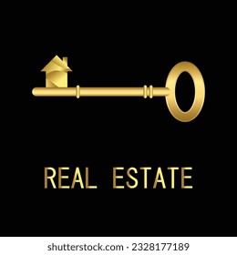 Golden shiny house key on black background. vector illustration